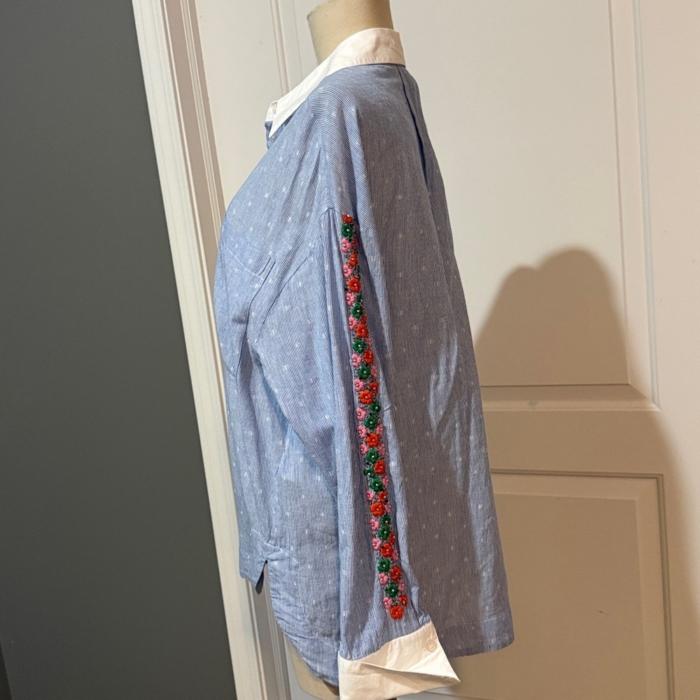 Essentiel Antwerp Harkle Blue Striped Shirt with Floral Embroidery Blouse XS - Picture 5 of 12